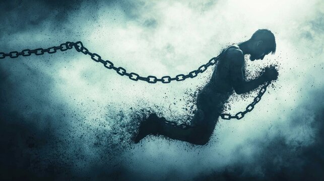 A visual metaphor of a person breaking free from chains symbolizing addiction.