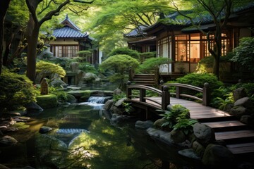 Obraz premium Japanese Garden: A serene landscape of traditional architecture nestled amongst ancient trees, reflecting the beauty of nature in every detail