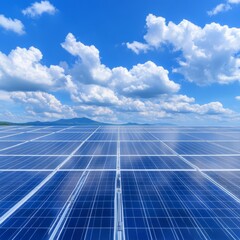 Vast solar panel field under a bright blue sky with fluffy clouds and distant mountains.