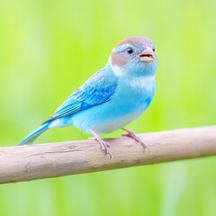 Vibrant blue bird perched on a branch against a blurred green background.