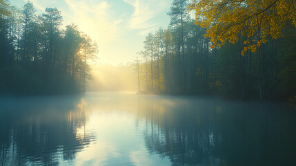 Fototapeta premium Peaceful nature wallpaper serene, dreamy beautiful tranquil morning, ethereal forest calm beauty, luminous scenic landscape, idyllic sunlit serenity.