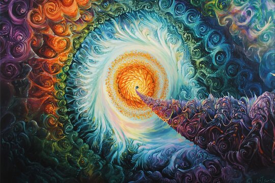 A dynamic swirl of vivid colors spirals around a central point, creating an energetic visual pulse that invites the viewer into its depth.