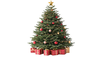 Fototapeta premium festive and colorful Christmas tree adorned with red and gold ornaments, twinkling lights, and surrounded by beautifully wrapped gifts, creating joyful holiday atmosphere