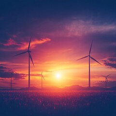 Obraz premium Vibrant sunset over wind turbines in a field.