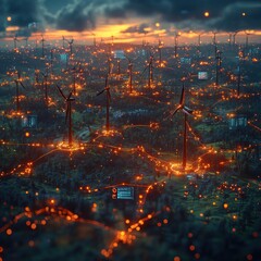 Obraz premium A futuristic landscape featuring wind turbines illuminated by glowing connections.