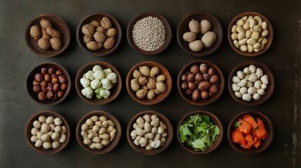 Fototapeta premium Top view of various nuts, seeds, and dried fruits arranged in small bowls on a dark background, healthy snack concept 