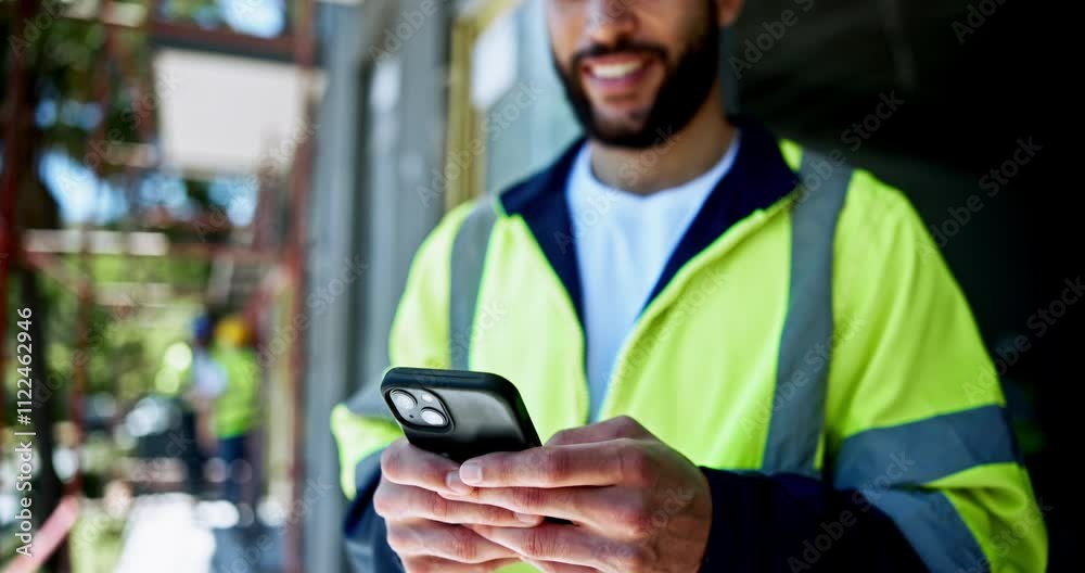 Poster man, architect and hands with phone for construction, planning project or site development for infra