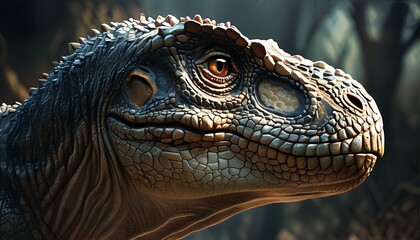 Fototapeta premium A Stunning Close-Up of a Realistic Juvenile Velociraptor Dinosaur Portrait, Detailed Texture and Intricate Design in a Dark Forest Setting
