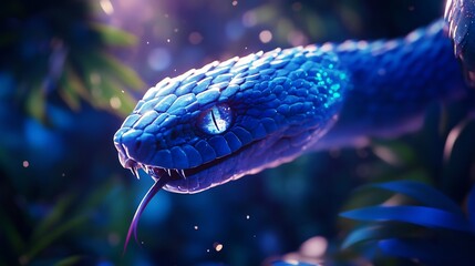 Fototapeta premium Close-Up of a Mystical Blue Snake in Lush Foliage