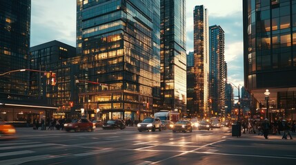 Fototapeta premium Busy urban intersection with streetlights casting a warm glow over modern high-rise buildings