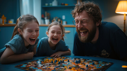 Fototapeta premium Family and Togetherness concept, A joyful family playing a board game at home, sharing laughter and smiles in a cozy setting.