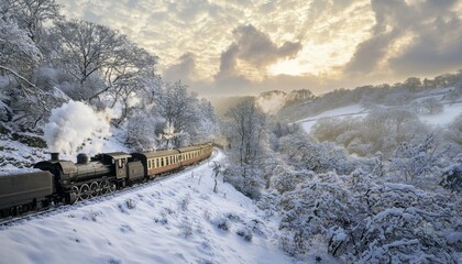 magical steam train traveling through a winter wonderland, with snow-covered landscapes and a vibrant, dreamy sky filled with swirling colors at sunset