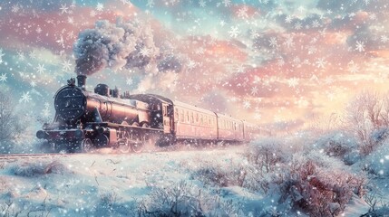 Fototapeta premium magical steam train traveling through a winter wonderland, with snow-covered landscapes and a vibrant, dreamy sky filled with swirling colors at sunset