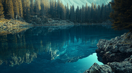 Beautiful tranquil lake surrounded by pine trees reflecting mountains on a clear day