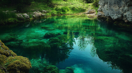 Clear turquoise water reflecting trees at a serene natural spring in a forest setting
