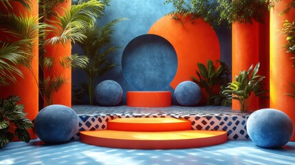 3d render, Product presentation, podium stand designed with vibrant colors and geometric patterns for a fun and energetic atmosphere 