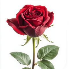 A single red rose with green leaves on white background