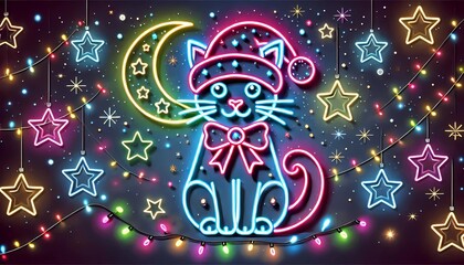 Colorful neon background in the shape of a cat wearing a Christmas hat.