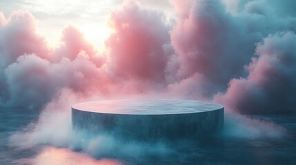 3d render, Product presentation, podium stand floating above a cloud-like setting with diffused lighting for a dreamy and surreal effect 