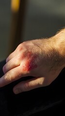 Naklejka premium A close-up of a person's swollen hand with an insect bite, showing redness and itching
