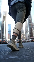 A person with a swollen knee, limping along a city street with the knee wrapped in a brace