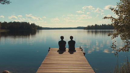 Fototapeta premium Two friends sitting on a pier by a tranquil lake under a clear sky