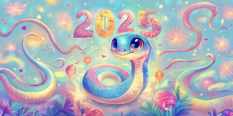 Fototapeta premium A pastel-colored cartoon snake with a charming and playful design, symbolizing the welcoming of the Year of the Snake in 2025 with a soft and festive vibe