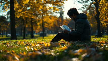 Fototapeta premium person reading book in park surrounded by autumn leaves, enjoying peaceful atmosphere. warm colors of fall create serene backdrop for this reflective moment