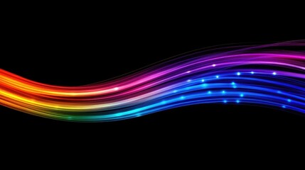 Fiber optic cables with rainbow-colored lights forming a soft, abstract web of light against a black background
