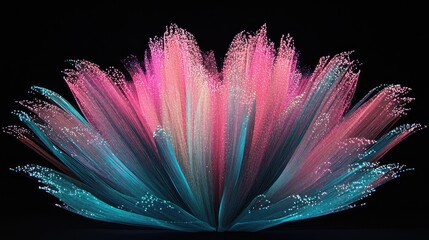 Obraz premium Fiber optic lights in shades of neon pink and turquoise, fanning out like a digital bouquet in the dark