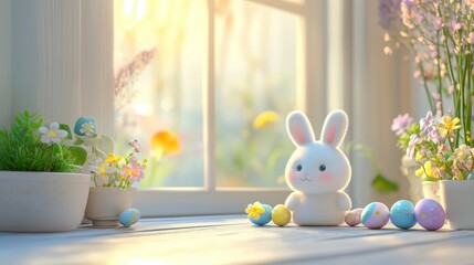 Cute Bunny and Colorful Eggs in a Bright Spring Room Scene