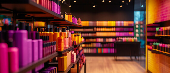Wide angle photography of cosmetics store showcasing vibrant products in various colors. shelves are filled with neatly arranged bottles, creating inviting atmosphere