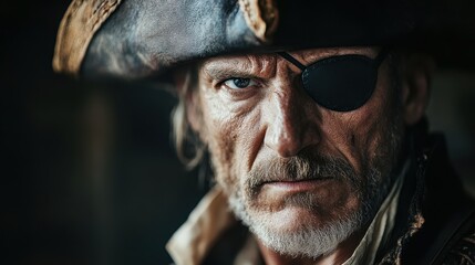 Obraz premium Rugged pirate captain with a weathered face and a leather eyepatch, wearing a traditional tricorne hat close-up 