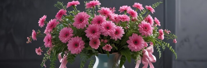 Obraz premium A bunch of pink flowers arranged in a vase with greenery and ribbons, pink flowers, fresh cut flowers, spring florals