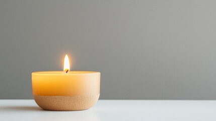 Elegant Yellow Candle with Flame on Minimalist Background