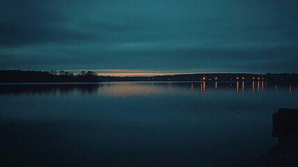 Obraz premium Beautiful twilight over the lake with reflections of lights and serene water