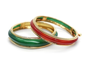Ftont view side view of Green bangles and red green bangles isolated in white background