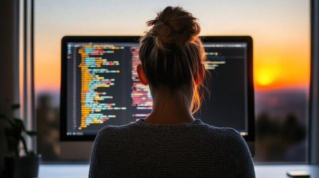 A programmer woman sitting in front of a computer screen displaying colorful lines of code as the sun sets in the background, view from her back.