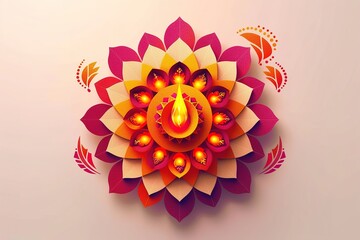 Happy Diwali. Paper Graphic of Indian Rangoli. Rangoli - A traditional Indian art of decorating the entrance to a house. Diwali festival holiday design with paper cut style of Indian Rangoli.