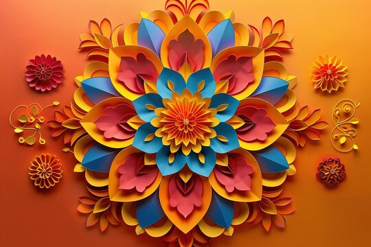 Happy Diwali. Paper Graphic of Indian Rangoli. Rangoli - A traditional Indian art of decorating the entrance to a house. Diwali festival holiday design with paper cut style of Indian Rangoli.