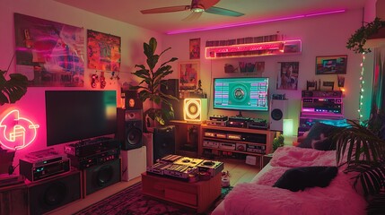 A cozy indoor home party with a retro 80s theme, featuring neon lights, cassette tapes, and vintage decorations