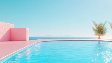 Obraz premium Serene Poolside View with Palm Tree and Clear Blue Sky
