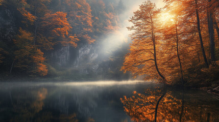 Obraz premium Autumn morning light filters through trees by a tranquil lake in a forested area