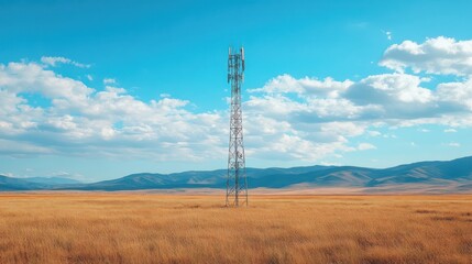 Obraz premium 5G base station with antennas, and transmission equipment, standing tall in an open field
