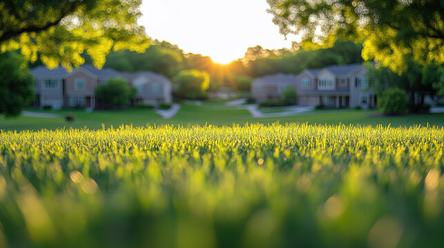 warm sunset casts soft shadows over grassy field, with homes in background. scene evokes tranquility and sense of community