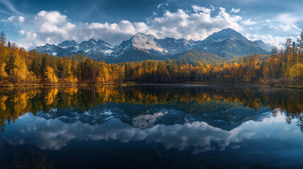 Obraz premium Majestic mountain landscape reflecting in calm lake during autumn afternoon