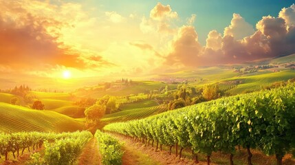 Fototapeta premium Scenic Vineyard Landscape at Sunset with Lush Green Hills