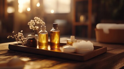 Fototapeta premium Tranquil Spa Atmosphere Featuring Assorted Essential Oils, Natural Ingredients, and Fresh Botanicals for Relaxation and Aromatherapy in a Cozy Setting