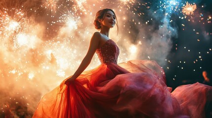 Elegant Asian woman in a sparkling red gown twirling gracefully. Dazzling fireworks in the background. Beauty, confidence, and celebration