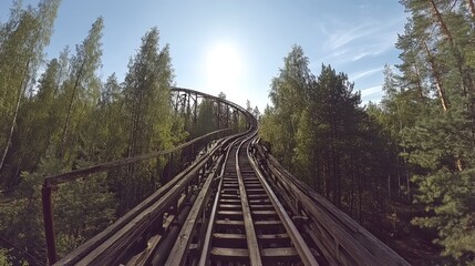 Obraz premium Scenic Overview of Abandoned Wooden Roller Coaster Through Forest